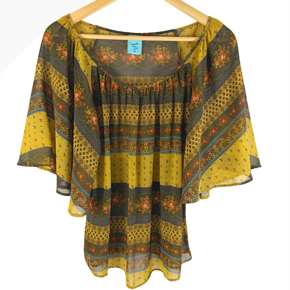h.i.p. Floral Peasant Blouse Womens M Boho Cottagecore Sheer Bell Sleeve Top